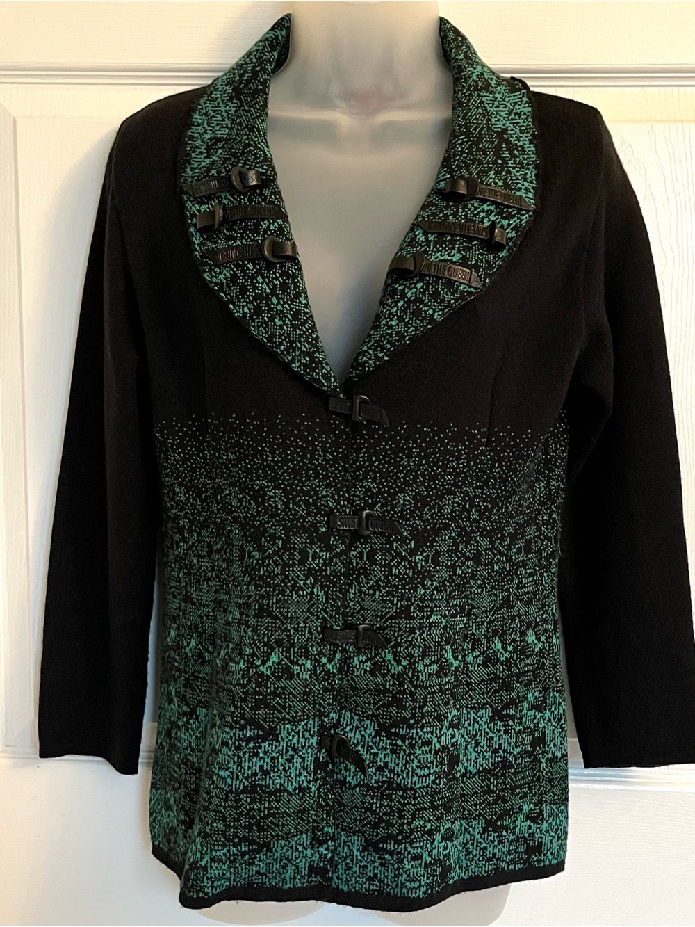 VTG Save The Queen Italian Green Black Toggle Jacquard Knit Cardigan Jacket L